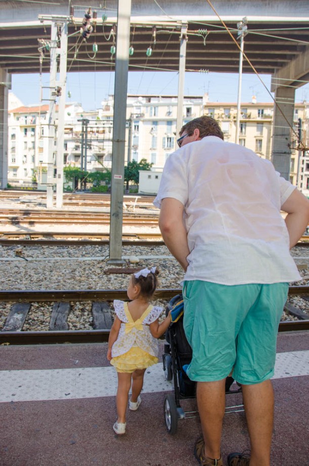 "Is that our train?" Waiting for our train to Monaco from Gare Nice-Ville.
