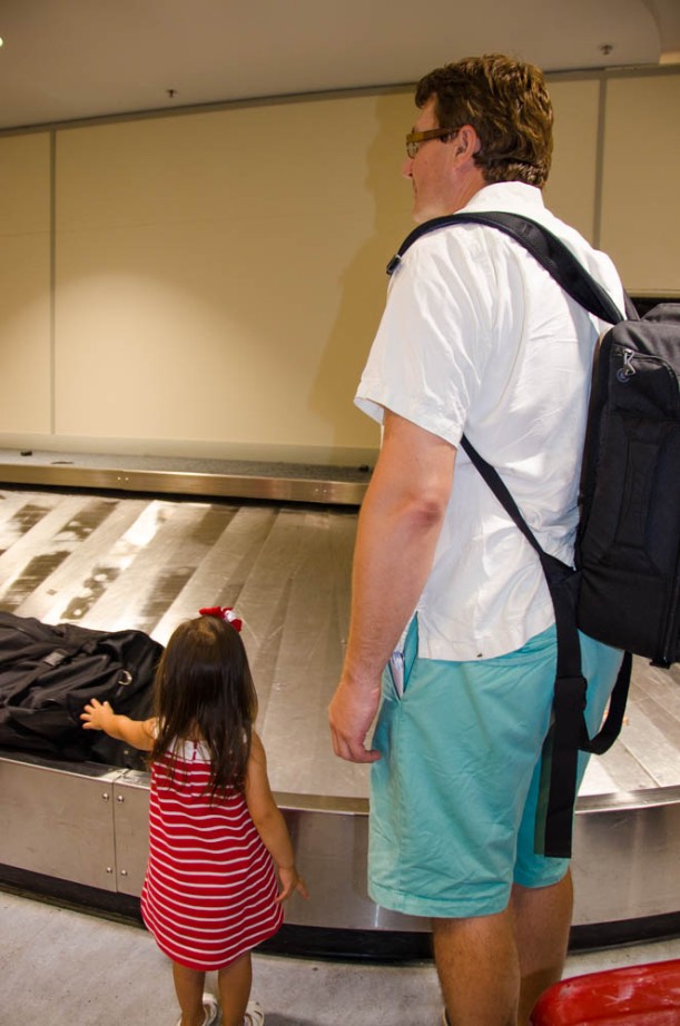 At the baggage claim in Toronto. Eva is on the lookout for that that last piece of luggage!
