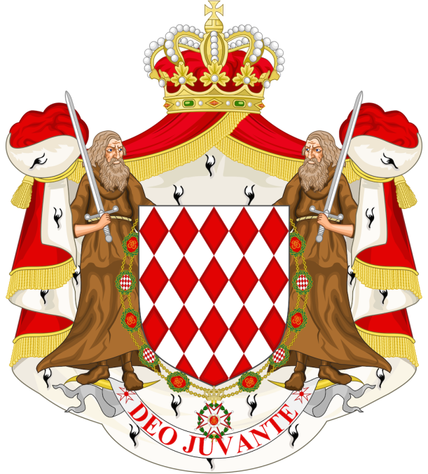 Coat of arms of Monaco: Two Catholic Christian Friars Minor hairy, bearded and wearing shoes, each of them holding a raised sword, standing on a scroll charged with the motto “Deo Juvante” “With God’s Help” It remembers on the 8.1.1297, when Francesco Grimaldi, disguised as a monk, decapitated the guardians and conquered the hill of Monaco.